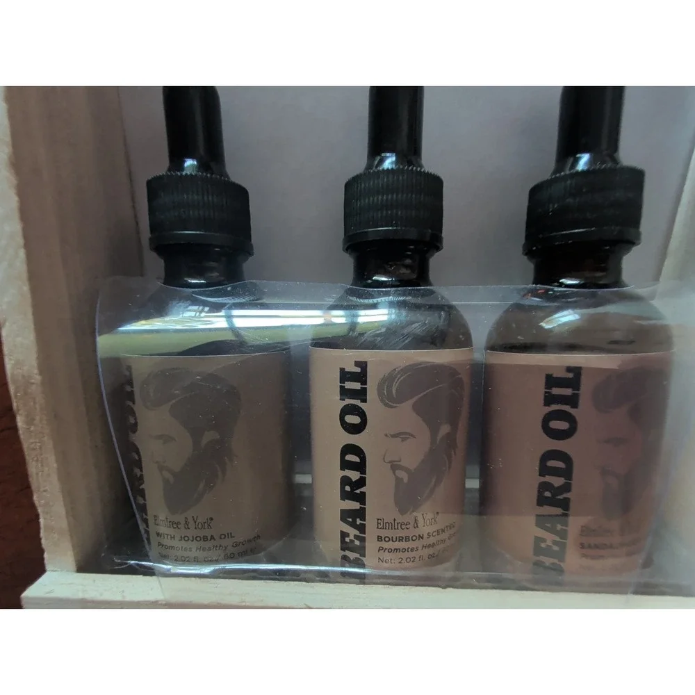 Elmtree & York Beard Oil Kit For Him 3 Pack Wooden Caddy Gift Set